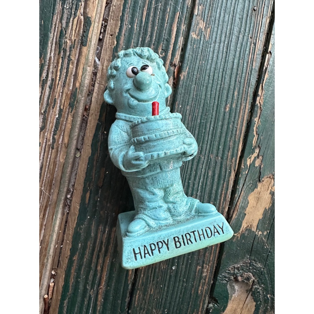 Vintage Russ Berrie Happy Birthday Figurine Blue Stone Look Kitsch Decor 1970s